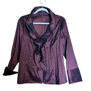 Samuel Dong Zippered Blazer Womens XL Brown Taffeta Ruffle Collared Jacket